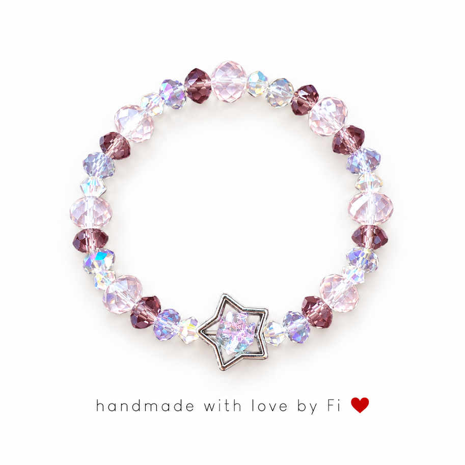 Handmade pink and purple iridescent crystal bracelet with silver star charm