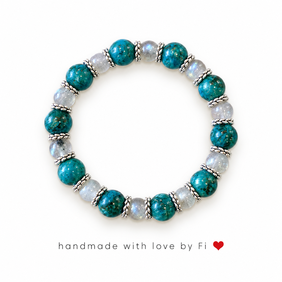 Handmade teal chrysocolla and labradorite gemstone bracelet with silver spacers