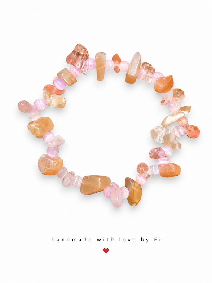 Peach carnelian, pink opalite and cherry quartz chip bracelet with cat's eye glass beads handmade by Fi
