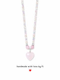 Rose quartz heart pendant necklace on iridescent AB crystal and moonstone chip chain handmade by Fi