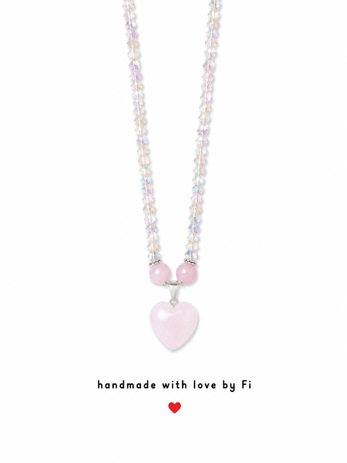 Rose quartz heart pendant necklace on iridescent AB crystal and moonstone chip chain handmade by Fi