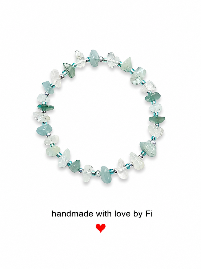Green aventurine and clear quartz chip bracelet with teal metallic seed beads and silver ball spacers handmade by Fi
