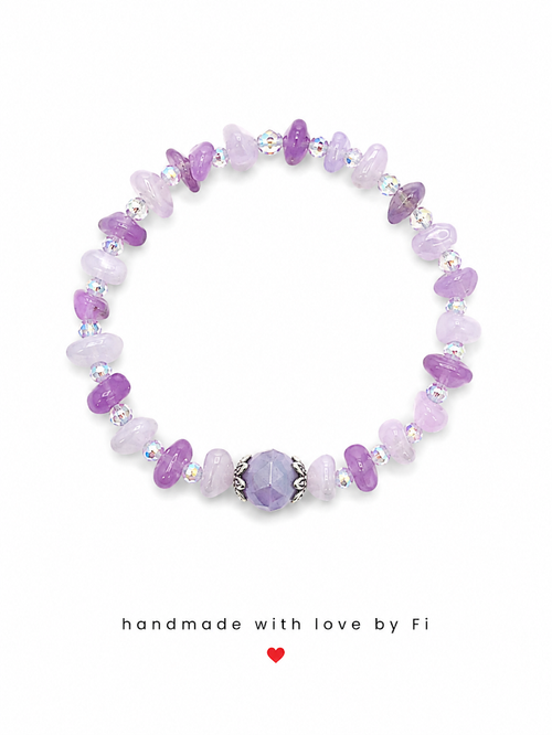 Amethyst and lilac chalcedony chip bracelet with purple agate centrepiece handmade by Fi