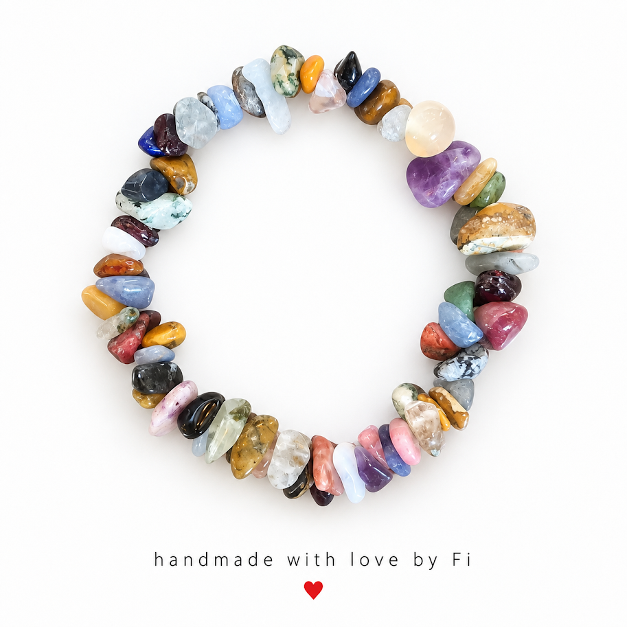Rainbow Mixed Gemstone Chip Bracelet with Rose Quartz Focal handmade by Fi