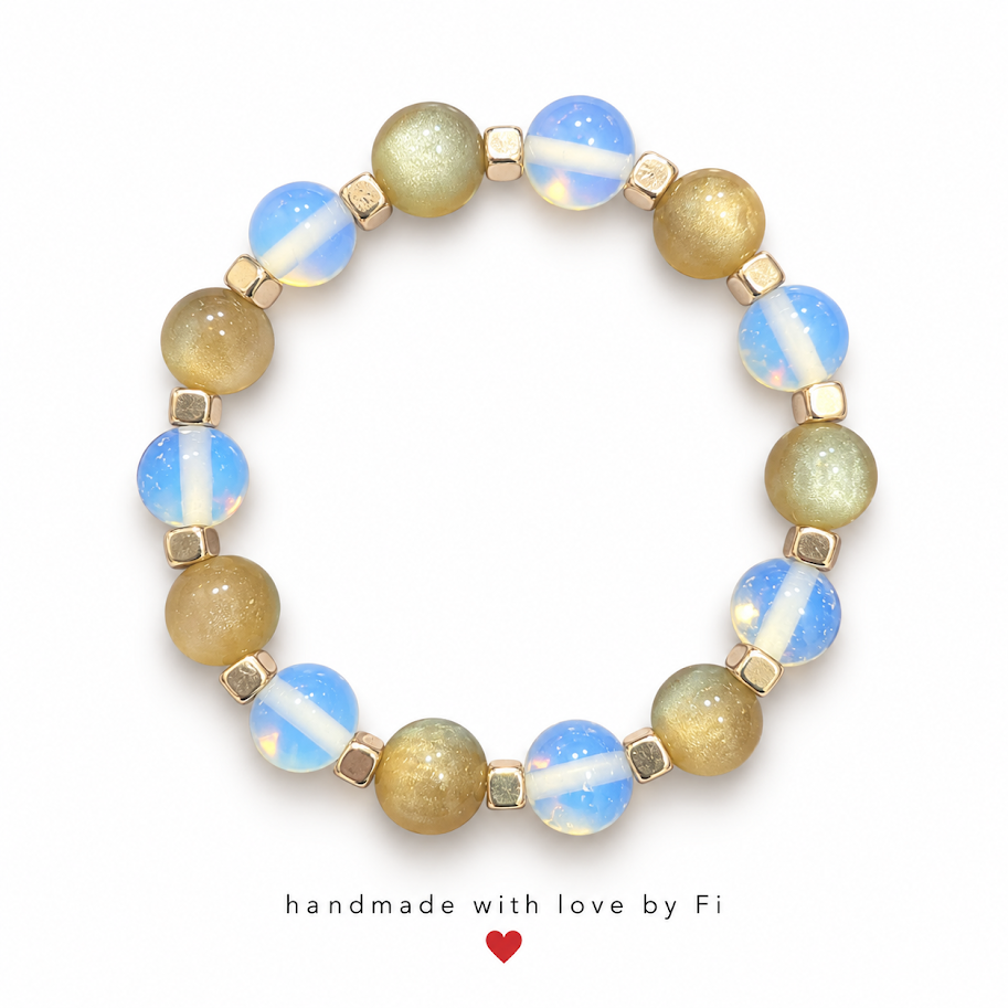 Opalite & Golden Druzy Bead Bracelet with Gold Cube Spacers handmade by Fi