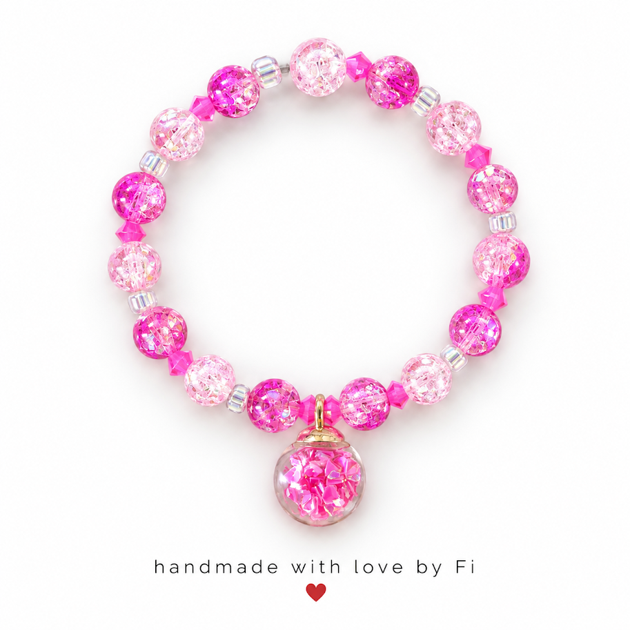 Pink Crackle Bracelet with Confetti Heart Globe Charm handmade by Fi