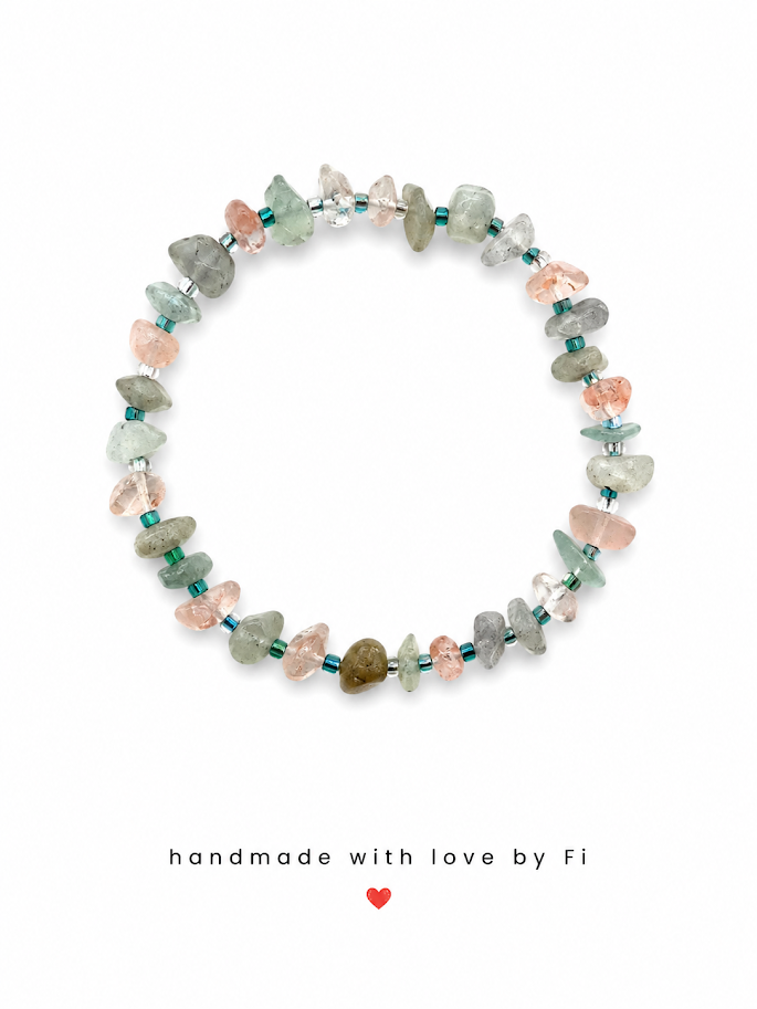 Green aventurine and strawberry quartz chip bracelet with teal seed beads handmade by Fi