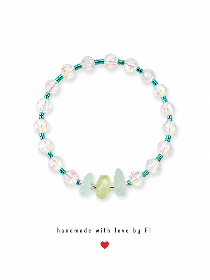Iridescent AB crystal and sea glass chip bracelet with teal metallic seed beads handmade by Fi