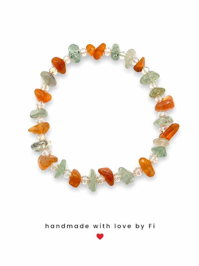 Carnelian and green aventurine chip bracelet with clear crystal spacers handmade by Fi