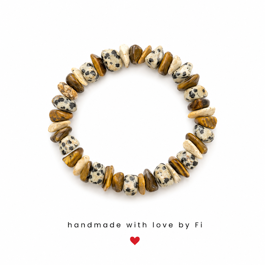 Dalmatian jasper and tiger's eye chip bracelet handmade by Fi