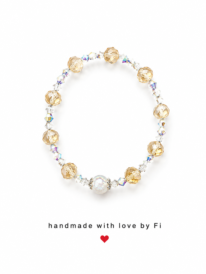 Champagne crystal and freshwater pearl stretch bracelet with silver filigree caps handmade by Fi