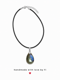 Labradorite teardrop pendant necklace with blue flash on black cord handmade by Fi