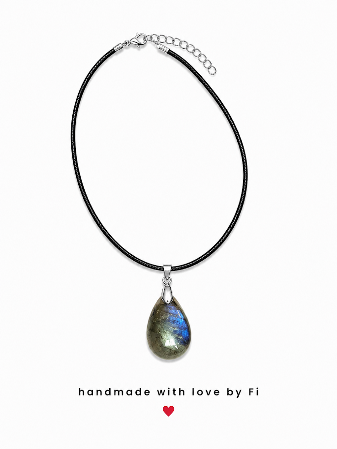 Labradorite teardrop pendant necklace with blue flash on black cord handmade by Fi