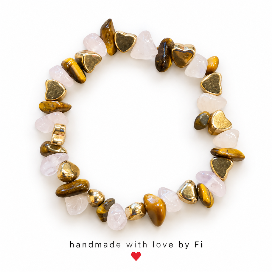 Tiger’s eye and rose quartz chip bracelet with gold-tone heart beads