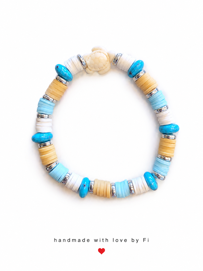 Turquoise and heishi clay disc turtle bracelet with rhinestone spacers and cream ceramic turtle focal bead handmade by Fi