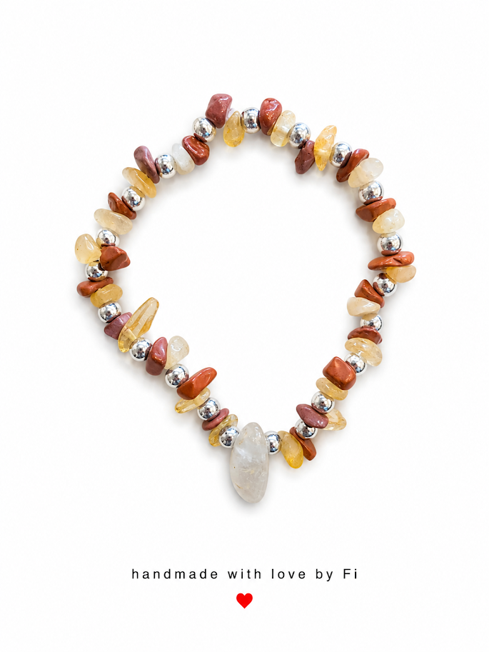 Red jasper and citrine chip bracelet with milky white raw crystal drop pendant and silver ball beads handmade by Fi