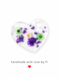 Personalised initial purple cornflower and green daisy resin heart pendant with gold letter bead handmade by Fi
