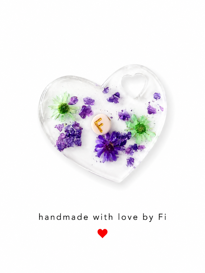 Personalised initial purple cornflower and green daisy resin heart pendant with gold letter bead handmade by Fi