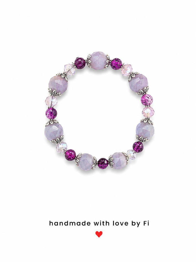 Lavender chalcedony and purple crackle agate stretch bracelet with pink crystal rondelles and silver flower caps handmade by Fi