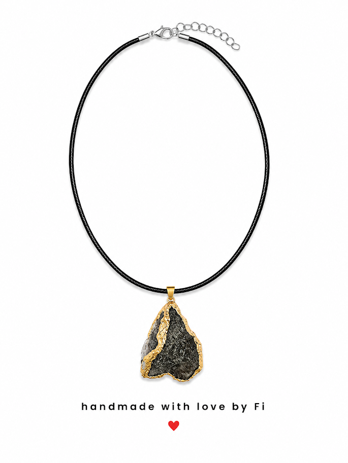 Raw druzy agate heart pendant necklace with gold electroplated edge on black cord handmade by Fi