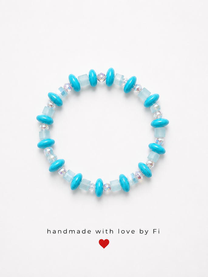 Turquoise disc and aquamarine chip bracelet with clear crystal rondelle spacers handmade by Fi