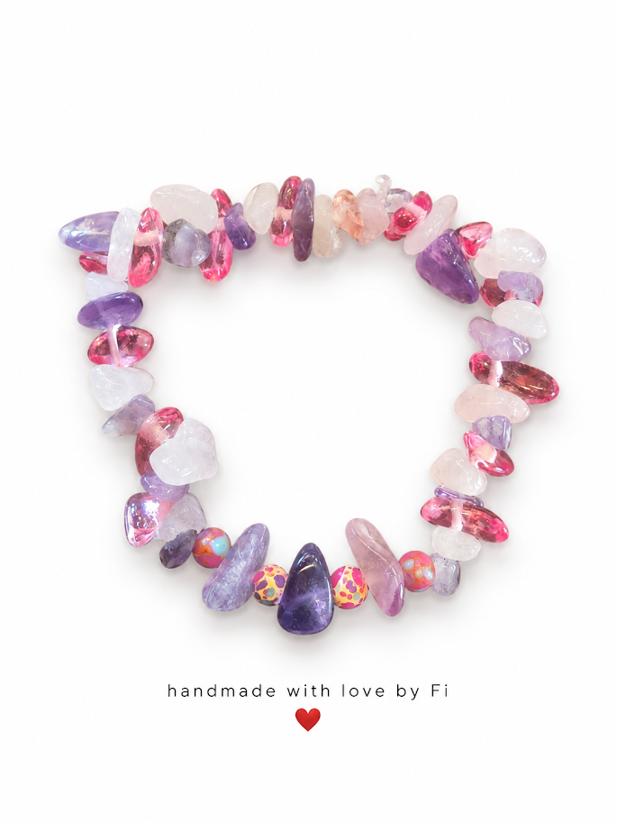 Handmade pink, purple and clear gemstone chip bracelet with colourful accent beads