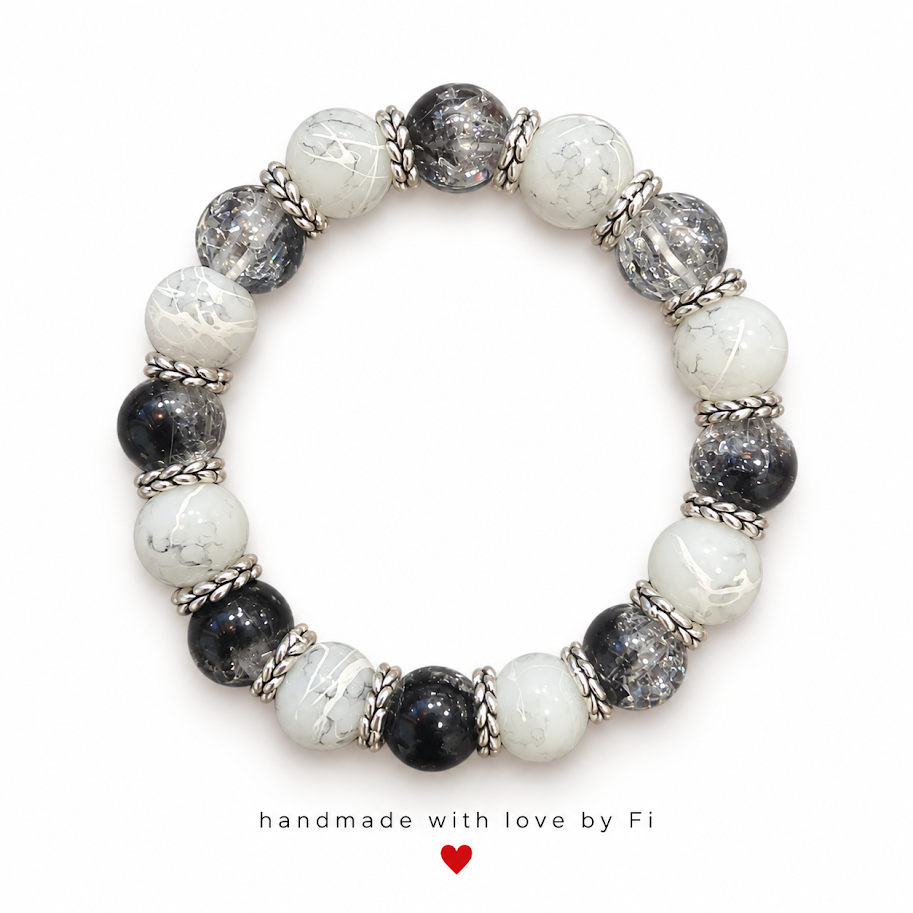 Black & White Marble Galaxy Bracelet with Silver Spacers handmade by Fi