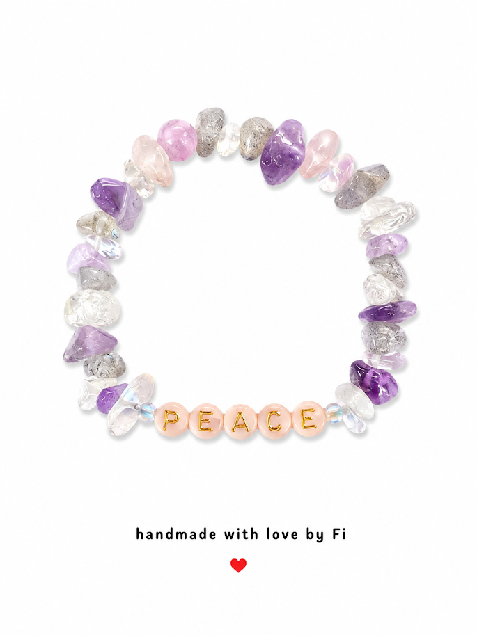 PEACE word bead bracelet with amethyst, rose quartz, clear quartz and labradorite chips handmade by Fi