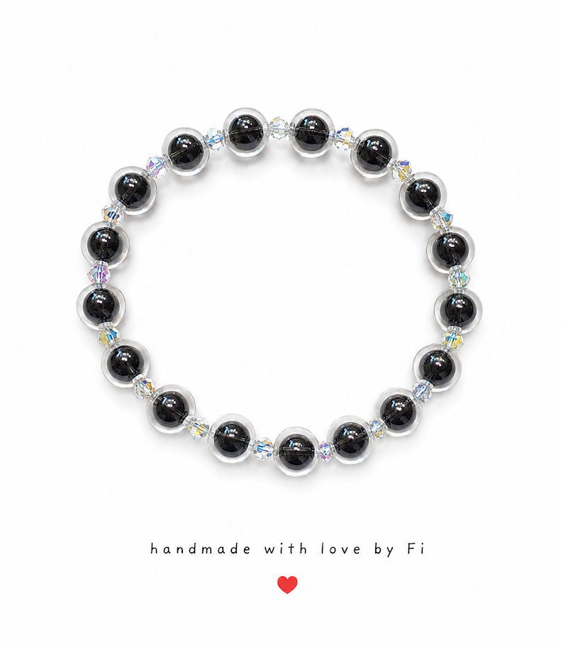 Black onyx and iridescent AB crystal bicone bracelet handmade by Fi