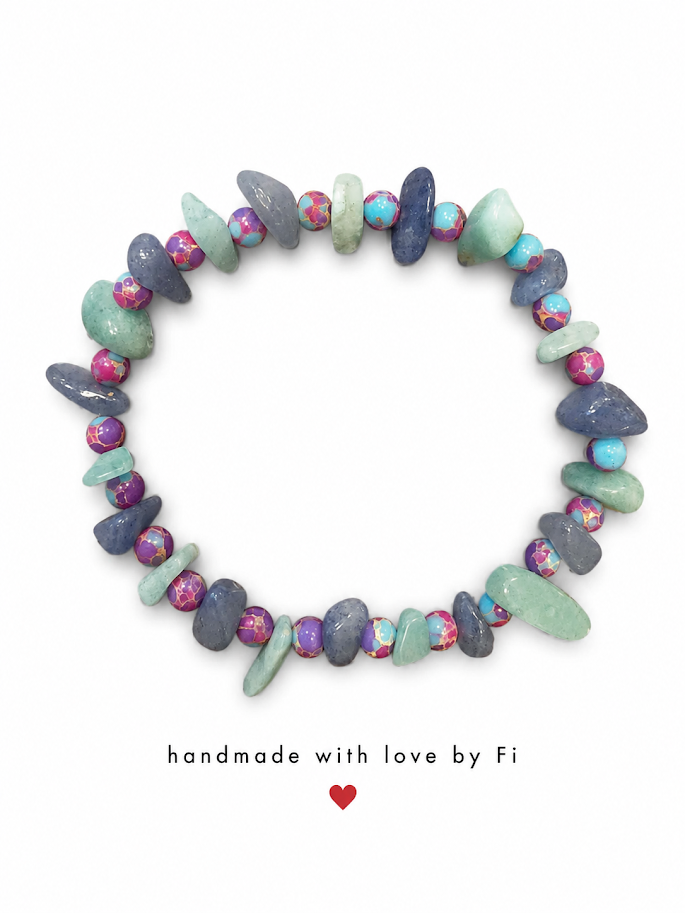 Amazonite and angelite chip bracelet with multicoloured mosaic imperial jasper rounds handmade by Fi