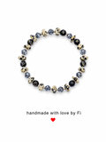 Dalmatian jasper, black onyx and smoky grey crystal rondelle bracelet with silver ball spacers handmade by Fi