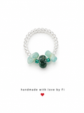 Moss agate and amazonite stretch ring on silver ball bead band handmade by Fi