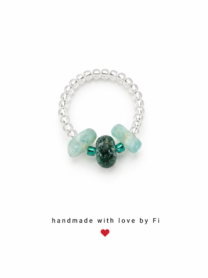 Moss agate and amazonite stretch ring on silver ball bead band handmade by Fi