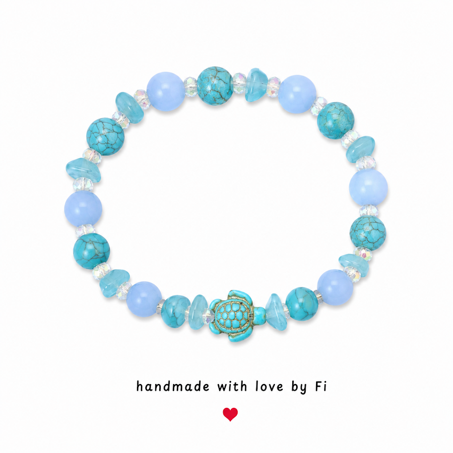 Turquoise and chalcedony bracelet with aquamarine chips, AB crystal bicones and antique gold sea turtle charm handmade by Fi