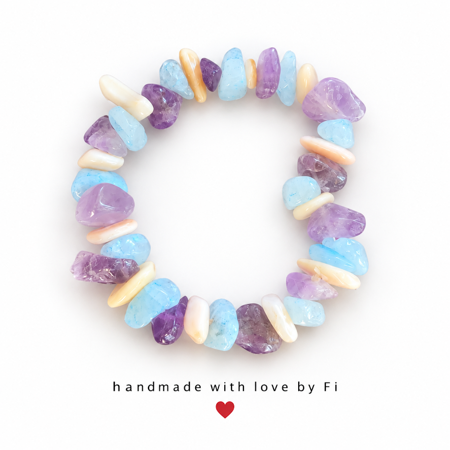 Aquamarine, Amethyst & Shell Chunky Chip Bracelet handmade by Fi