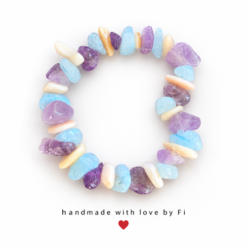 Aquamarine, Amethyst & Shell Chunky Chip Bracelet handmade by Fi