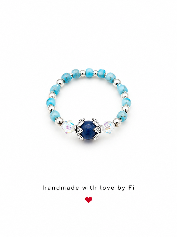 Navy cat's eye and turquoise howlite stretch ring with silver Tibetan filigree caps handmade by Fi