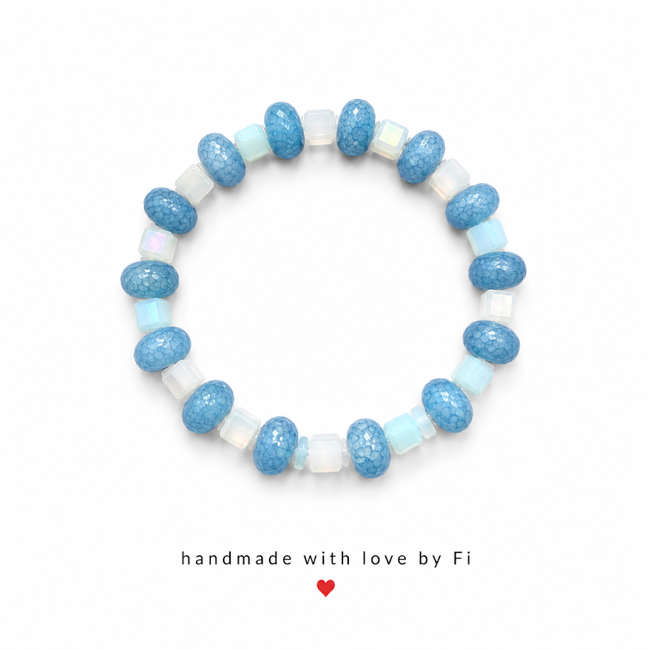 Teal blue crackle rondelle and white opalite AB cube bracelet handmade by Fi