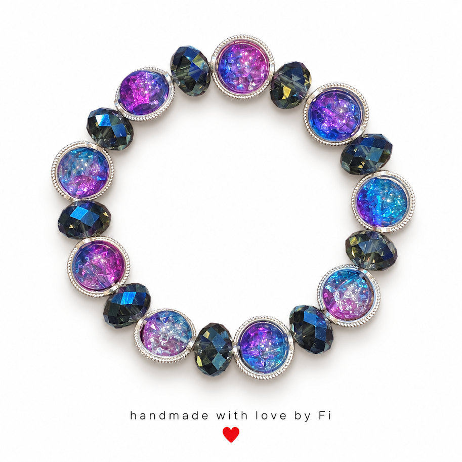 Purple & Blue Iridescent Cabochon & Navy Crystal Bracelet handmade by Fi