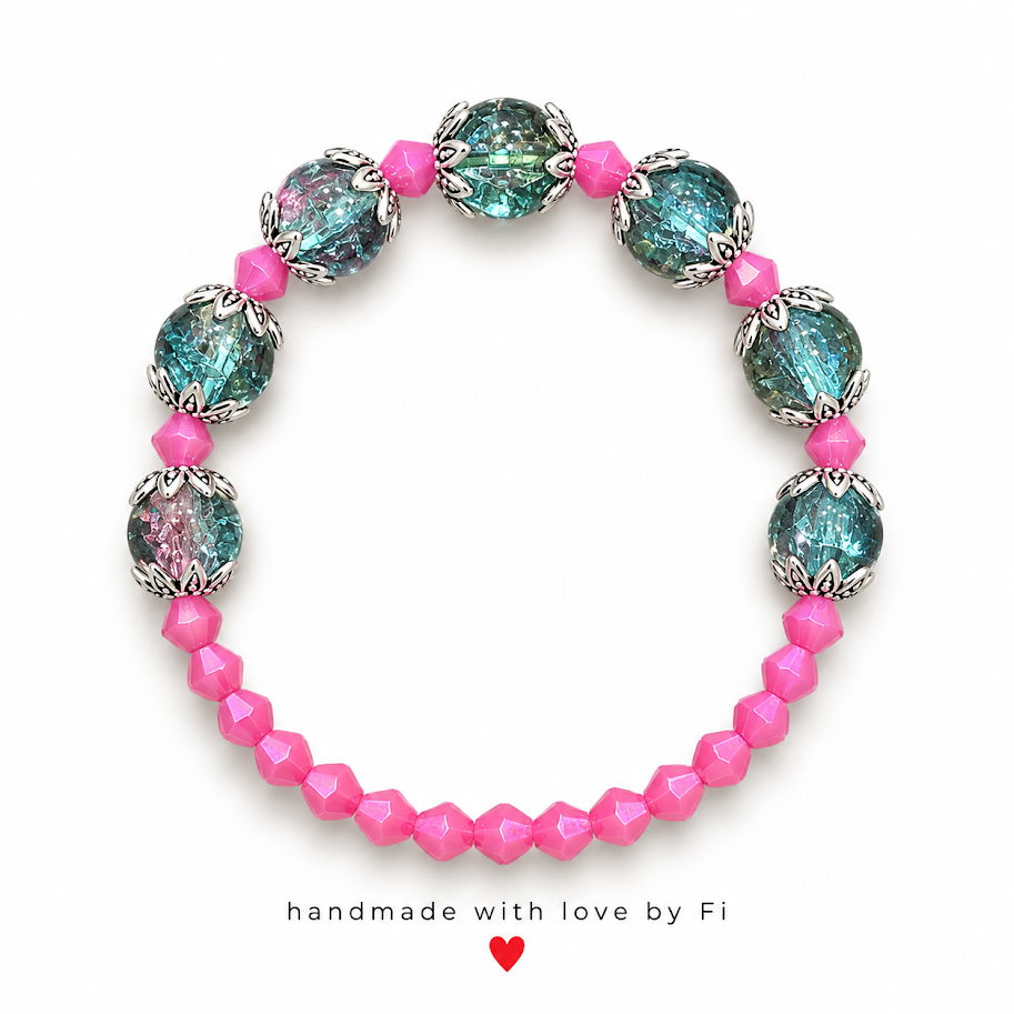 Teal Galaxy & Hot Pink Crystal Bracelet with Silver Bead Caps handmade by Fi