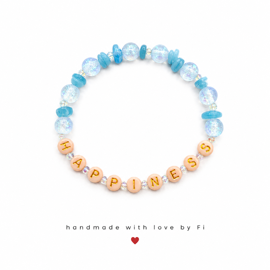 HAPPINESS word bead bracelet with blue angelite chips and iridescent beads handmade by Fi
