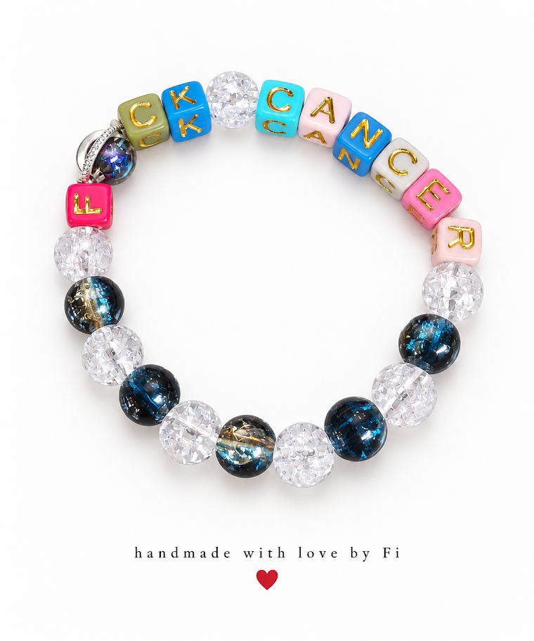 F*ck Cancer Pastel Letter Cube, Blue Galaxy & Crackle Bead Bracelet handmade by Fi