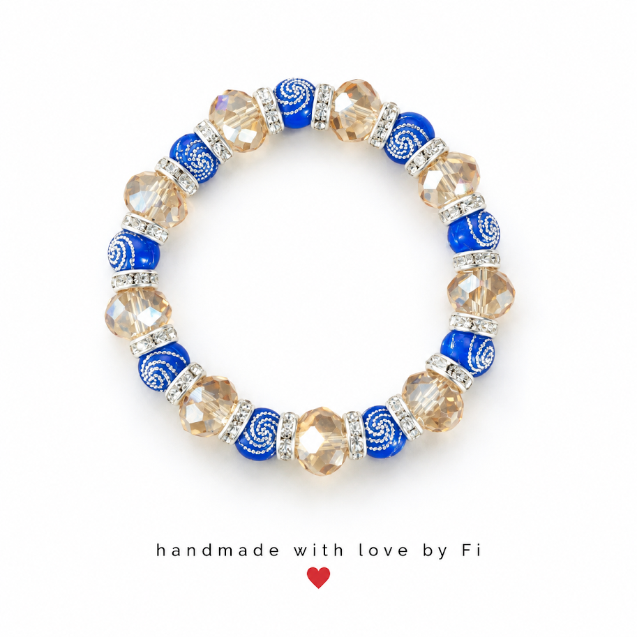 Royal Blue Enamel Swirl & Champagne Crystal Bracelet handmade by Fi