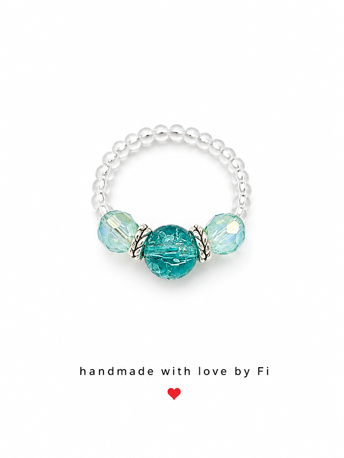 Teal crackle agate and mint crystal stretch ring on silver ball bead band handmade by Fi