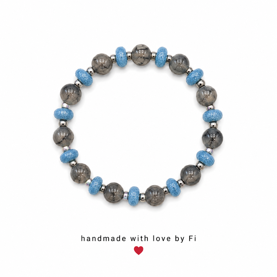 Charcoal grey and sky blue crackle bead bracelet with silver hematite spacers handmade by Fi