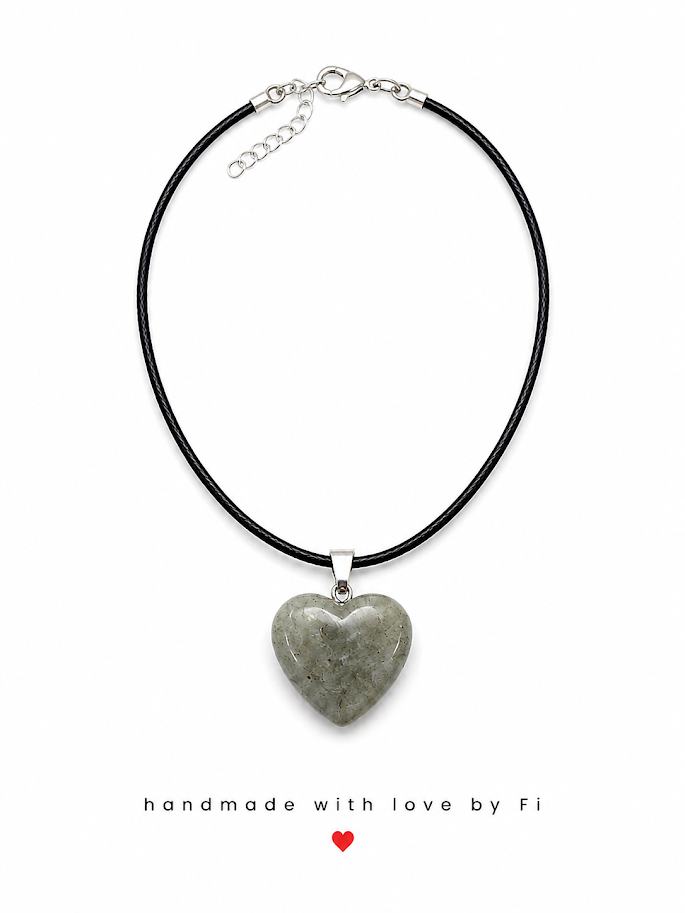 Labradorite heart pendant necklace on black cord handmade by Fi