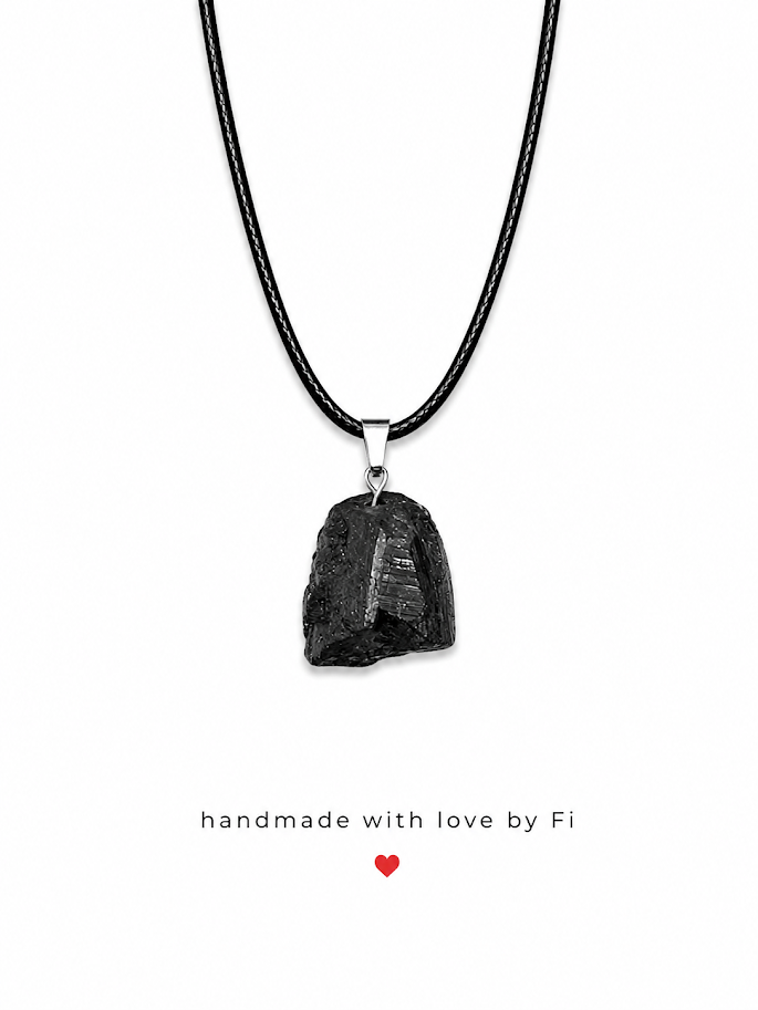 Raw black tourmaline rough chunk pendant necklace on black wax cord with silver bail handmade by Fi