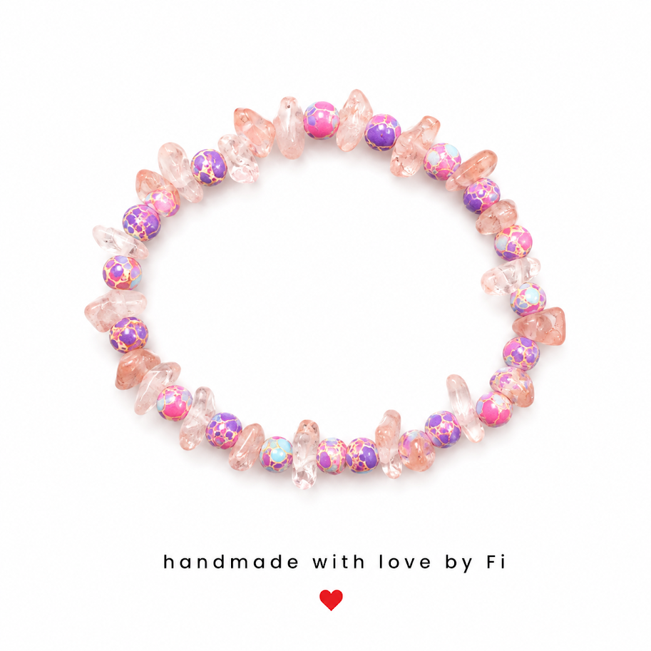Cherry quartz chip bracelet with purple and pink mosaic imperial jasper rounds handmade by Fi