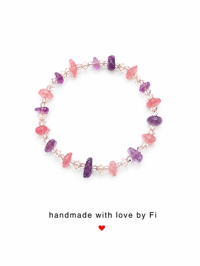 Cherry quartz and amethyst chip bracelet with clear crystal bicone spacers handmade by Fi
