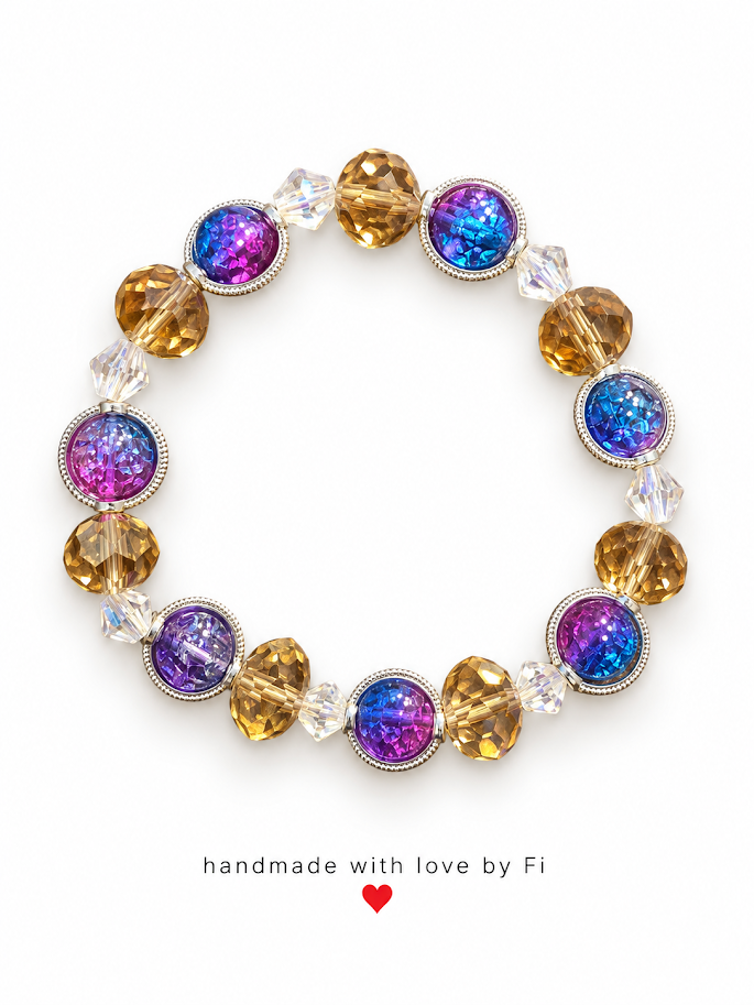 Handmade bracelet with golden faceted beads and blue-purple aurora-effect accents
